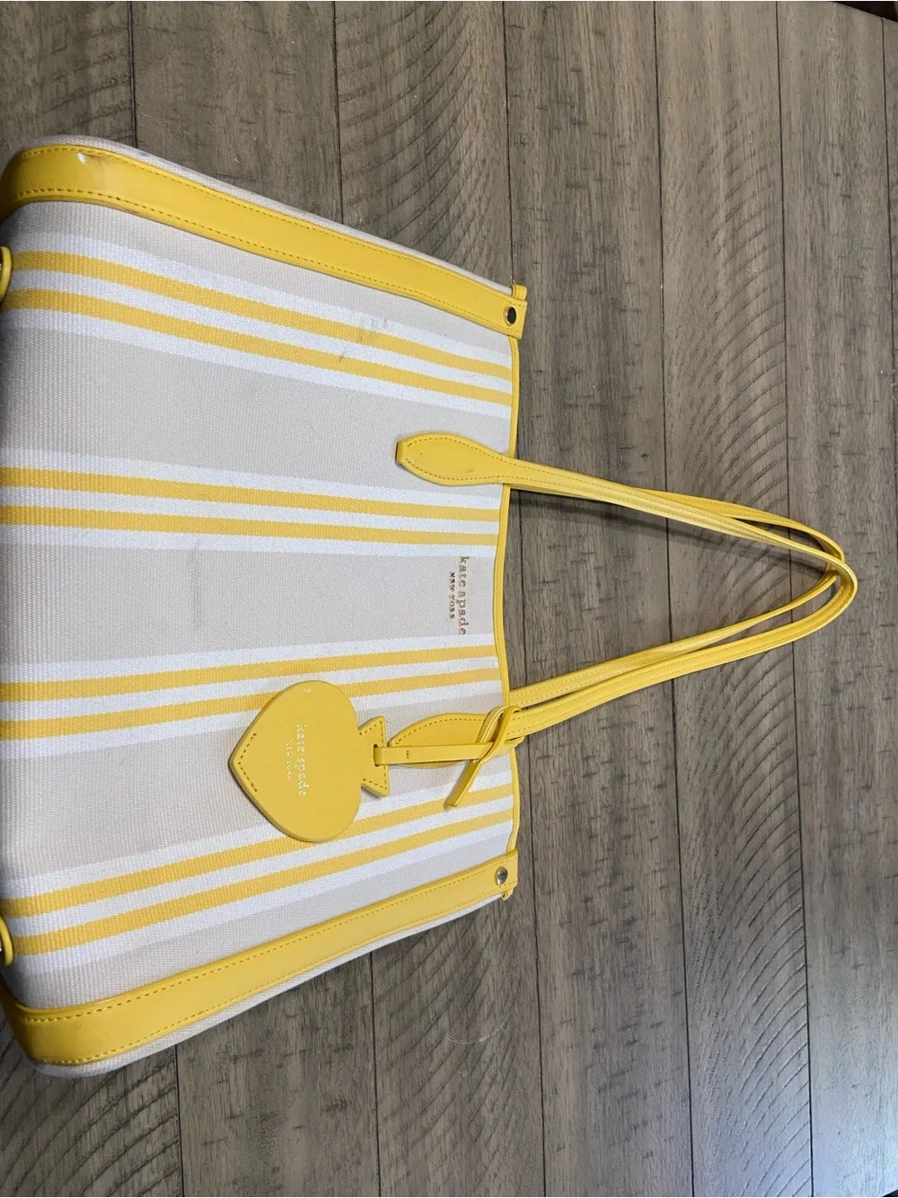 kate spade Yellow and Cream Striped Canvas Tote with Heart Charm